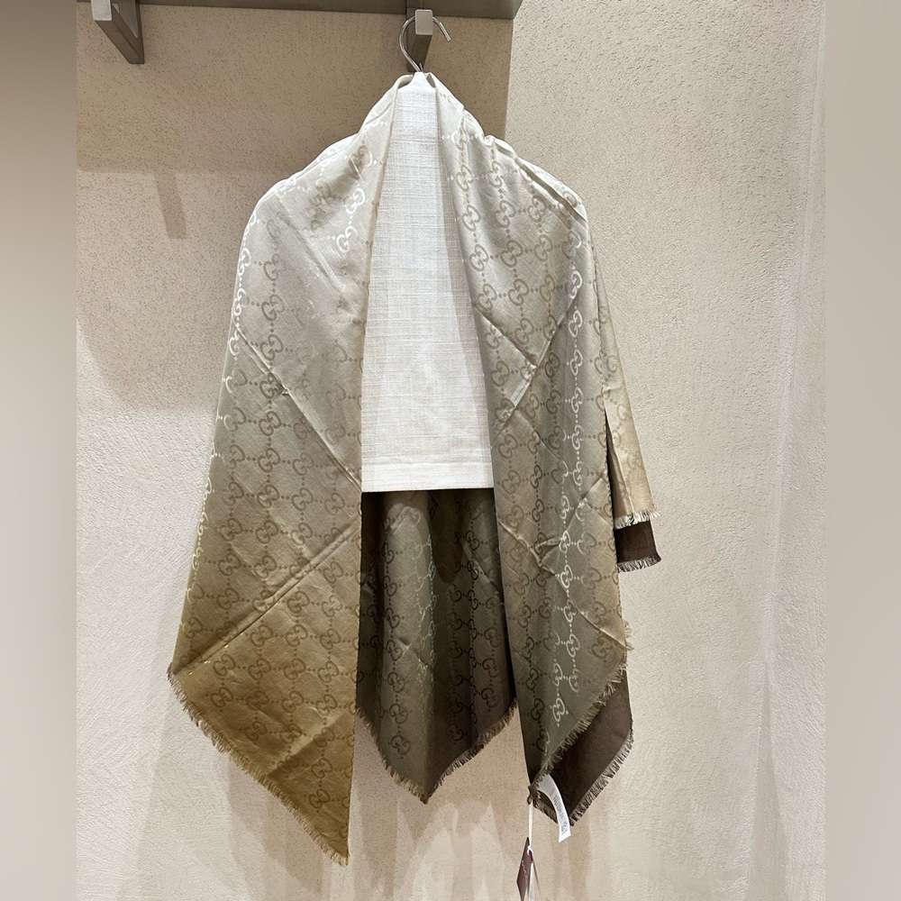💯% Authentic! Brand New! Gucci GG SILK JACQUARD SHAWL Beige and Brown Scarf